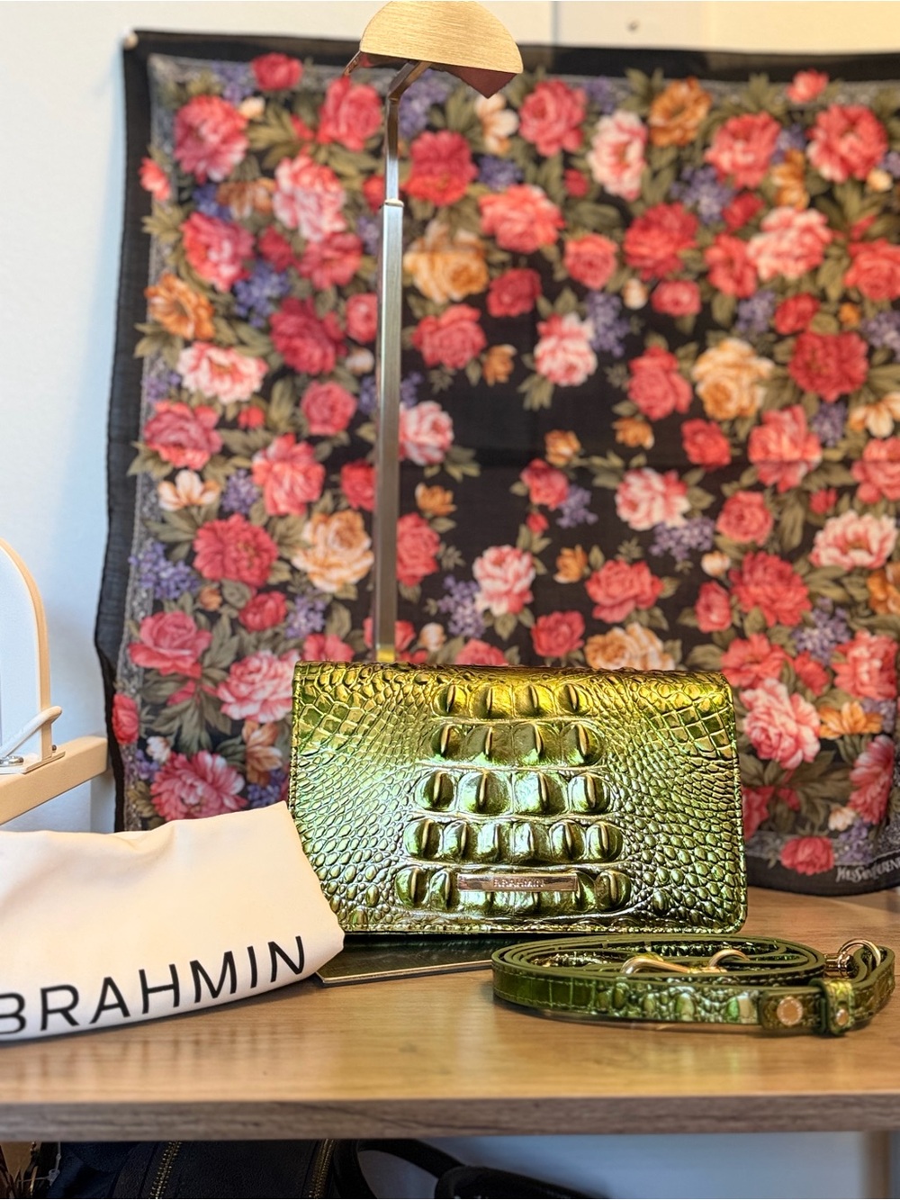 Brahmin Minuette Cacti Green Melbourne Croc-Embossed Crossbody Wallet Bag
